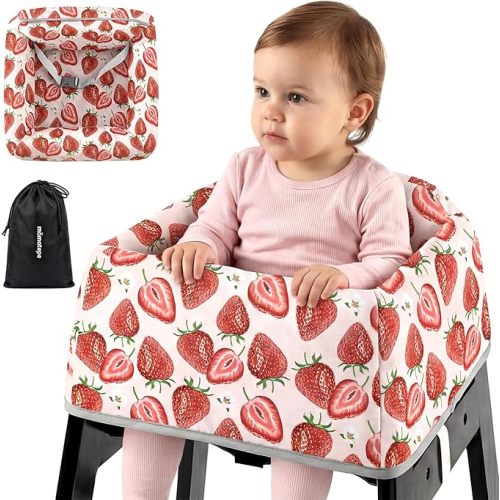 Mamatepe Baby High Chair Cover Restaurant with Strap Pads & 2-Point Harness - Machine Washable, Waterproof, Portable for Restaurant/Travel/Home - Fits High Chairs, Red Strawberry