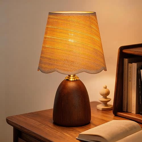 Solid Walnut Wood Table Lamp, Boho Scalloped Bedside Lamp for Mid-Century Modern Decor, 3-Color Dimmable Woven Shade, Aesthetic Nightstand Light for Living Room, E26 LED Bulb Included(Fabric)
