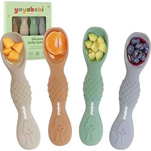 Silicone Baby Spoons self feeding 6 months(4 Pack), Toddler utensils, baby feeding essentials. Soft Tip, Gum-Friendly, BPA Free, Dishwasher Safe, Teething Handle