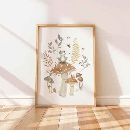Frog on Mushroom Art Print, Whimsy Woodland Decor, Nature Nursery Decor, Whimsical Nursery Art, Botanical Illustration For Children