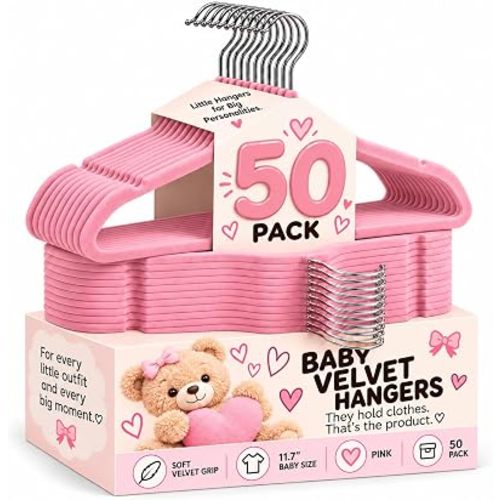 TechZoo 50 Premium Baby Velvet Hangers - 11.8 Inches Non-Slip & Ultra-Slim Baby Hangers for Space-Saving & Children Clothes - 360 Swivel Hook, Strong & Durable Infant & Toddler Clothes Hanger - Pink