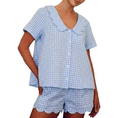 Wyeysyt Womens Gingham Pajama Set Cotton 2 Piece Shorts Set