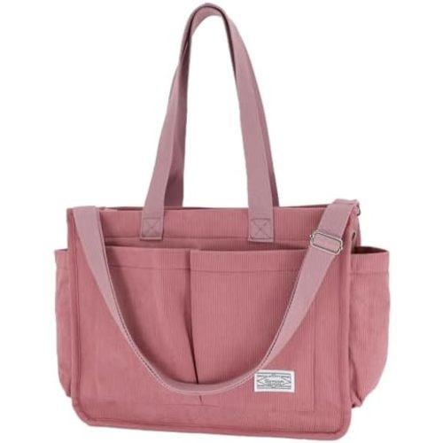 UERRUAM Tote Bag for Women with Pockets,Large Corduroy Crossbody Purse for Laptop,Work,College,Everyday,Travel