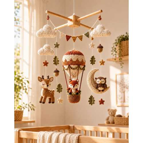 Crochet Woodland Baby Mobile, Hot Air Balloon Fox Deer Owl Crib Mobile, Forest Nursery Decor, Handmade Baby Shower Gift