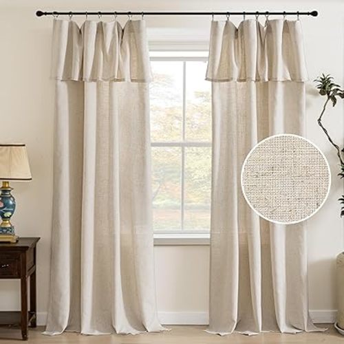 PrinceDeco Rich Linen Living Room Curtains Light Filtering 95 inch Privacy Curtains with Attached Valance Ring and Rod Pocket Farmhouse Drapes for Bedroom 2 Panel Sets, W52 x L95 Inch, Linen