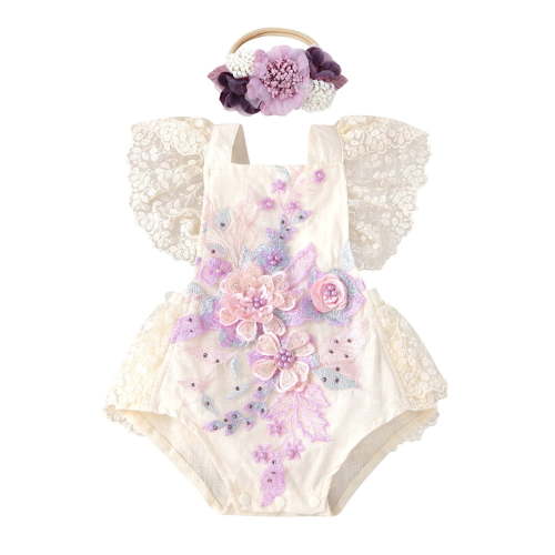 IBTOM CASTLE Baby Girls Lace Bodysuit Boho Clothes 1st Birthday Cake Smash Outfit Newborn Photography Outfits Summer Sunsuit 12-18 Months Apricot + Purple Flower