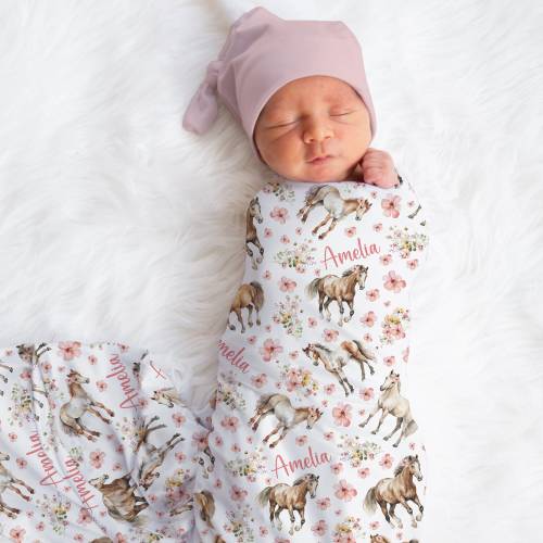 Custom Pink Floral Horse Baby Name Blanket Personalized Wildflower Swaddle Blanket New Mom Gift Newborn Baby Shower Gift Toddler Blanket