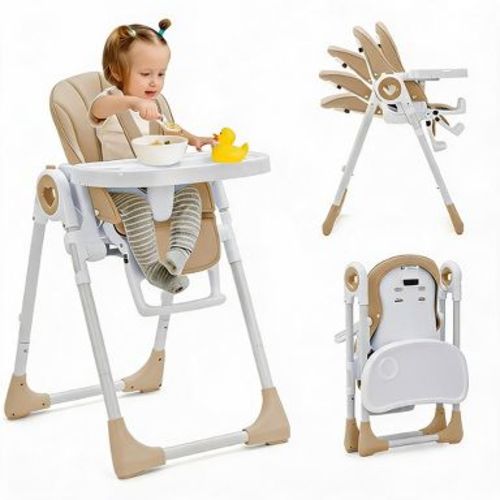 Collapsible Baby High Chair 7 Height 5 Recline Adjustment Removable Double Tray 5‑Point Harness Portable Feeding Chair for Babies Toddlers