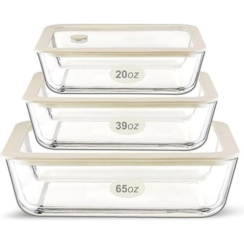 Urban Green Glass Food Container Set with Glass Lid, 3 Pack, Meal Prep Containers with Silicone Framed Airtight Lid, Leakproof, 100% Plastic Free,