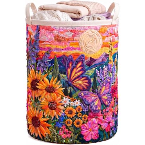 Boho Floral Quilted Laundry Basket with Handles, Large Capacity Quilted Storage Hamper for Nursery Bedroom Home Decor Laundry Hamper (Pattern 09, Large (28"H x 20"W x 20"L))