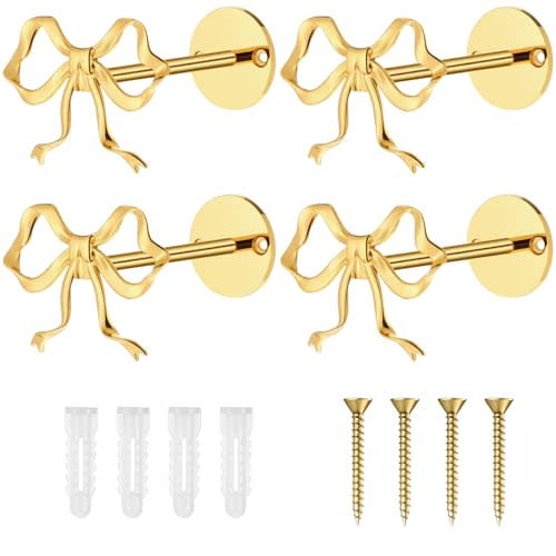 4 Pack Bow Curtain Tiebacks, Gold Bow Curtain Tiebacks Wall Mounted Zinc Alloy Gold Curtains Holdbacks Decorative Curtains Holders with Screws for Living Room, Bedroom and Office