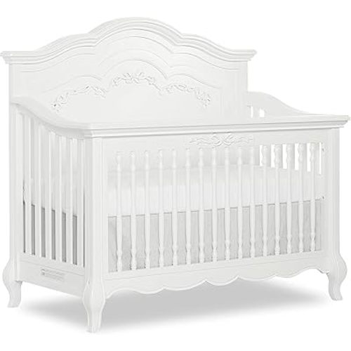 Evolur Aurora 5-in-1 Convertible Full-Size Baby Crib in Frost, GreenGuard Gold & BSA, 3 Mattress Heights, Ribbon Bow Scrollwork & Queen Anne Feet, Converts to Toddler, Day & Full-Size Bed