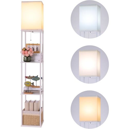 Floor Lamp with Shelves, Modern Square Standing Lamp with 3 Color Temperature Bulb, Corner Display Bookshelf Lamp for Living Room, Bedroom and Office（White）