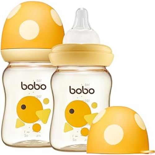 YOHKOH PPSU Baby Bottle Wide Neck, Newborn Anti-Colic Baby Bottle with Natural Response Nipple, Streamlined Body, Easy to Clean (5.4oz (Pack of 2), Yellow)