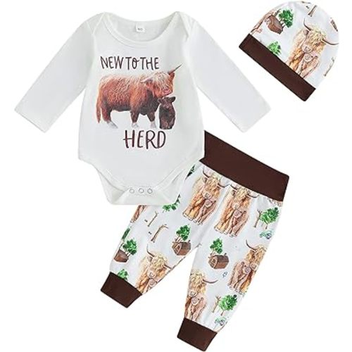 Baby Boy Cowboy Outfit Newborn Western Country Boy Clothes Cow Print Letter Bodysuit+Long Pants+Cap 3pcs Fall Clothes