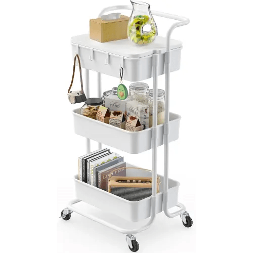 Pipishell 3 Tier Rolling Cart with Table Top, Utility Cart with Wheels & 4 Hooks, Rolling Storage Cart for Home Storage and Organization, White, PIUC09W