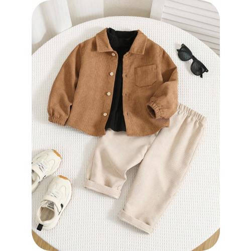 SHEIN 3pcs Baby Boy Autumn/Winter Cute Versatile Corduroy Shirt, Long Knit Top & Pants Set, Suitable For Birthday Party, Evening Party, Performance, Wedding, Baby Shower, Christening, 1st Birthday Celebration Fall Outfit Baby Boy Corduroy Outfit Tan Outfi