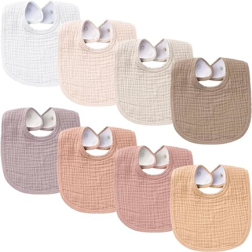 Konssy 8-Pack Muslin Baby Bibs, Adjustable Fit for Drooling and Teething