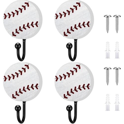 Marsui 4 Pcs Baseball Wall Decor Vintage Baseball Hooks Decoration Wood Coat Hooks Wall Mounted Sports Theme Bathroom Decor Towel Hanger for Home Entryway Playroom Hats Keys