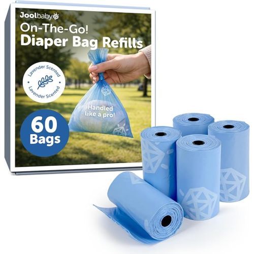 Jool Baby Disposable Diaper Bag Refills for Diaper Bag Dispenser (5 Rolls, 60 Count) – Lavender-Scented Odor-Controlling Diaper Sacks – Fits Any On-the-Go Dispenser