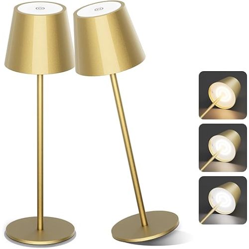 Aipsun 2 Pack Gold Table Lamp LED Modern Rechargeable Portable Table Light 6200mAh Battery Powered Table Lamp 3 Color Temperature Stepless Dimming Cordless Touch Lamps