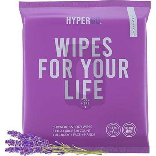 HyperGo XL Body Wipes for Women & Men – 12" x12" Rinse-Free Full Body Cleansing Wipes 20 Count Pack - Lavender | Biodegradable, Hypoallergenic, Aloe-Infused | Gym, Festival, Camping Essentials