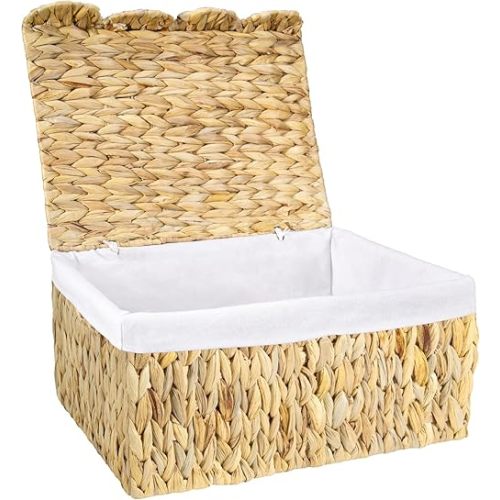 Storage Basket with Lid, Water Hyacinth Wicker Basket for Shelves, Woven Blanket Storage Baskets with Handles, Removable Liner, Metal Frame, for Bedroom, Laundry Room, Natural