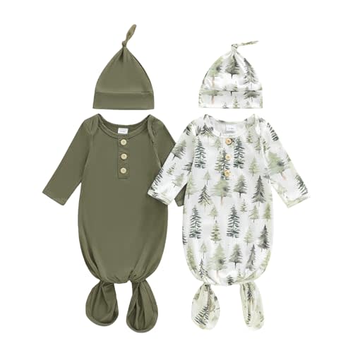 woshilaocai 2 Pack Baby Boy Girl Gown Sleeper Newborn Knotted Nightgown and Hat Set Infant Sleepwear