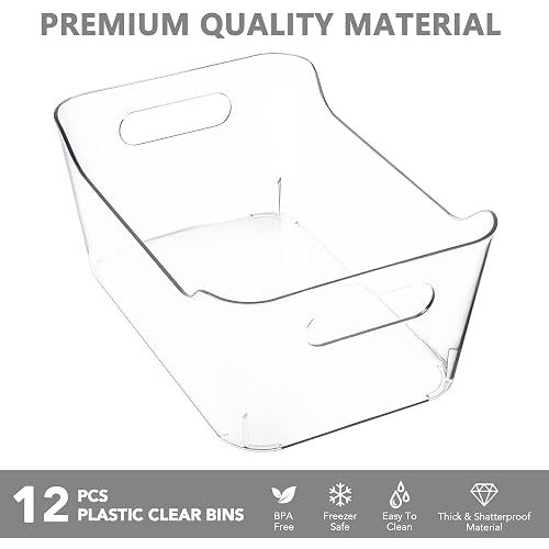 Tiawudi 12 Pack Plastic Storage Bins, Multi-Use Organizer Bins, Pantry Organizer, Clear Storage Containers for Home, Kitchen, Office, Cabinet, Shelf and Fridge Organization