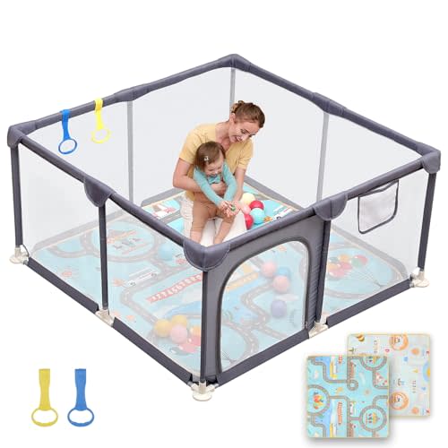 Dripex Baby Playpen with Mat – 47"x47" Small Play Yard for Babies 6-12 Months, Breathable Mesh & Waterproof Non-Slip Pad, Indoor/Outdoor Baby Fence, Grey