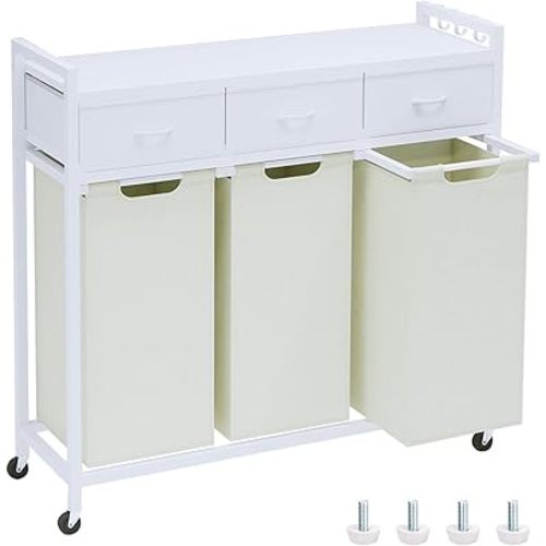 Laundry Hamper, Laundry Sorter 3 Section, Rolling Laundry Basket with Wheels, 3 Drawers, 3 × 14.5 Gal (55 L), Pull-Out and Removable Oxford Fabric Bags, White and Beige