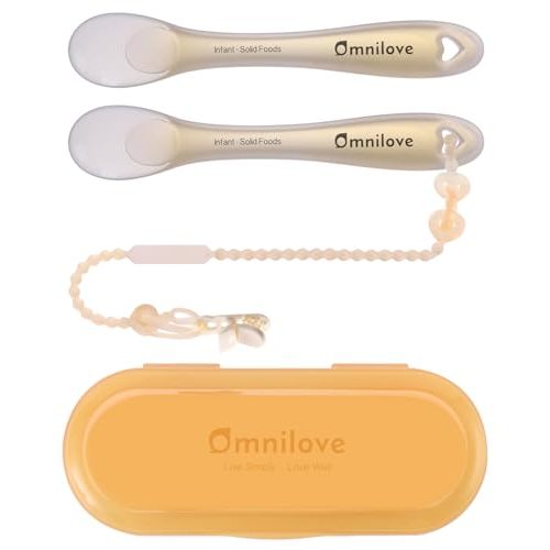 Omnilove Silicone Baby Spoons 2-Pack with Case, Self Feeding 6 Months, Baby Led Weaning Supplies, Toddler Utensils with Safety Chain, Toddler Essentials, Dishwasher Safe Baby Safety Products