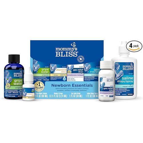 Mommy's Bliss 4-Piece Newborn and Baby Essentials Kit - With Gripe Water, Gas Relief Drops, Vitamin D 400IU, and Saline Drops/Spray - The Perfect Baby Gift.