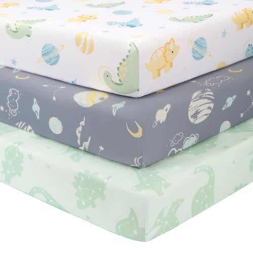 Baby Crib Sheets for Boys and Girls, 3 Pack Toddler Bed Sheets for 52”x28” Standard Toddler Mattresses, Soft Microfiber Fitted Crib Sheets Neutral Green Dinosaur Planet