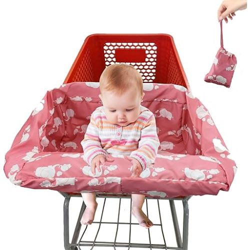 Pozico Baby Shopping Cart Cover for Baby Girl or Boy, Machine Washable/Portable with Carry Bag-Pink White Elephant