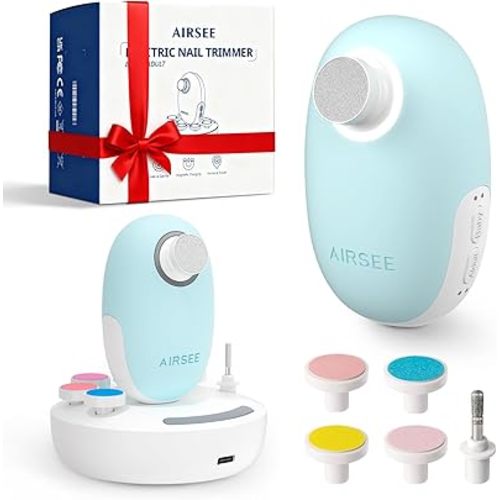 AIRSEE Premium Newborn Gift, Electric Baby Nail File, Cordless Safe Infant Nail Trimmer with 6 Replacement Pads, Magnetic Rechargeable Base, 360° LED Light, Baby Grooming Kit Gift (Light Blue)
