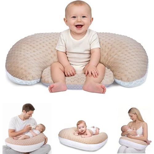 Multifunctional Nursing Pillow, Wider Breastfeeding Pillow with Minky Dot & Breathable Mesh, Anti-Slip Base for Tummy Time & Baby Sitting Support, Removable Soft Cover, Large Opening for Most Body