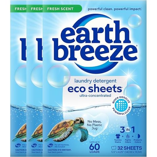 Earth Breeze Laundry Detergent Sheets Fresh Scent - 60 Loads per package. Eco Liquidless Soap - Travel-Friendly for Hot & Cold Cycles, Tackles Tough Stains & Odors - Gentle on Skin, 30 sheets (3 Pack)