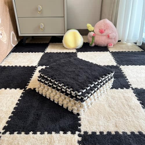 12pcs Carpet Squares Puzzle Floor Mat, Plush Interlocking Carpet Tiles, Anti Slip EVA Foam Jigsaw Floor Tiles, Build A Safe Area for Bedroom Playroom (Beige+Black)