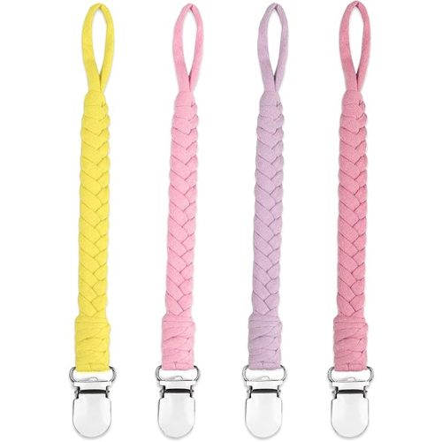 4 Pcs Pacifier Clip, Pacifier Clips for Boys & Baby Girls Pacifier Holder Clip Binky Clips Braided 100% Handmade Fits All Pacifiers(Yellow, 4 Pack)