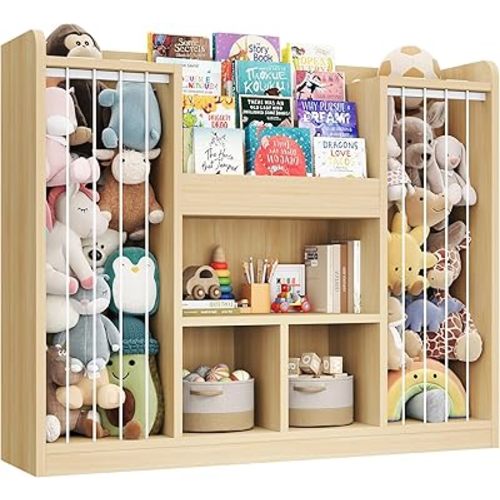 ONBRILL Toy Storage Organizer, Stuffed Animal Storage with 4-Tier Bookshelf, Kids Toy Storage Shlef with 3 Open Cube, Bookshelf for Kids Room, Playroom, Nursery