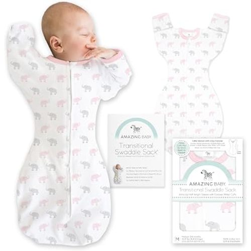 Amazing Baby Transitional Swaddle Sack with Arms Up Half-Length Sleeves and Mitten Cuffs, Medium, 3–6 months, 14-21 lbs, Tiny Elephants, Pink (Arms Up Swaddle, Transition Swaddle Sleep Sack)