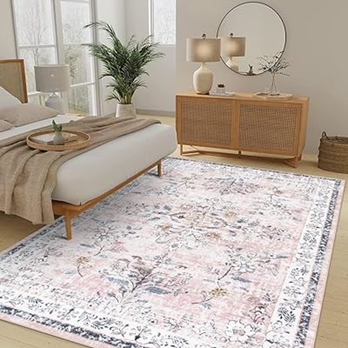 LIVEBOX Washable Rugs 8x10 for Living Room, Boho Large Bedroom Rug 8x10, Soft Pink Floral Rug Non Slip, Low Pile Indoor Carpet for Girls Room Playroom Nursery, Blush/Pink