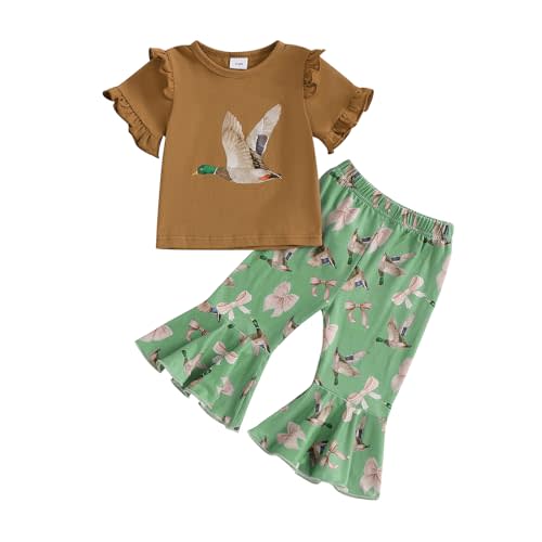 Chloefairy Toddler Baby Girl Hunting Clothes Mallard Duck T Shirt Bell Bottom Flare Pants Set 2Pcs Girls Summer Outfits