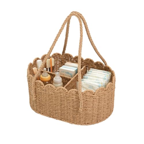 Wicker Diaper Caddy, Diaper Caddy Organizer, Baby Shower Basket, Khaki | Paper Rope Diaper Basket with Removable Divider and Handles, Portable Diaper Caddy for Car, Newborn Essentials Must Haves