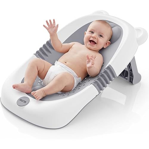 ISELECTOR Foldable Baby Bath Support - Portable Infant Bathtub Seat for Newborn to 6 Months, Compact Travel Baby Bather Fits Most Tubs & Sinks, Baby Essentials & Newborn Gifts (Grey)
