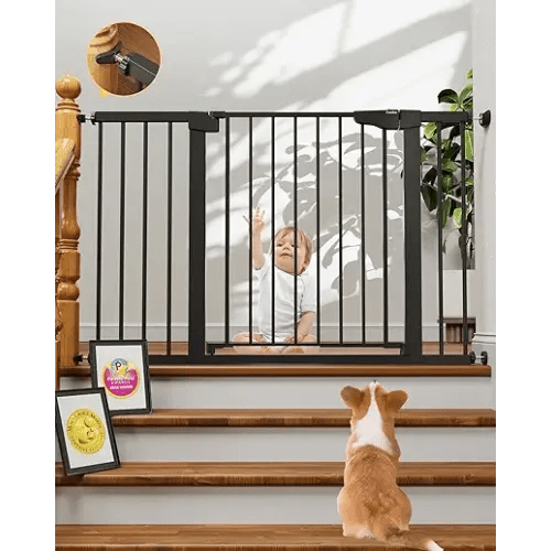 Cumbor 29.7-48" Baby Gate for Stairs, Mom's Choice Awards Winner-Dog Gate for Doorways, Auto Close Safety Pet Gate for Dogs Indoor, Easy Install Pressure Mounted Child Gate with Walk Thru Door, Black