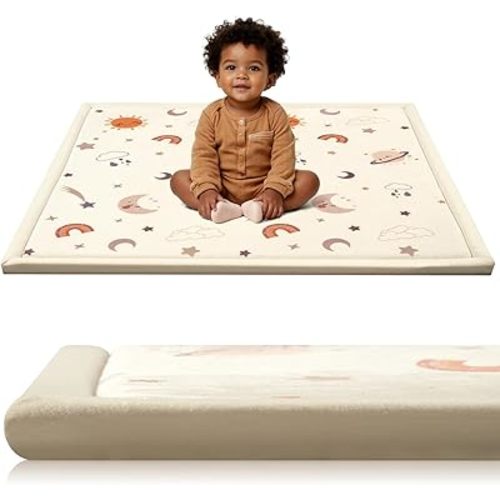 STARUIA Baby Play Mat for Floor, 1.1" Thick Memory Foam Tummy Time Mats, Soft Flannel Nursery Rug, Non Slip Crawling Mat for Toddlers, Kids, Playpen, Tatami Style for Living Room(50" X 50", Sky)