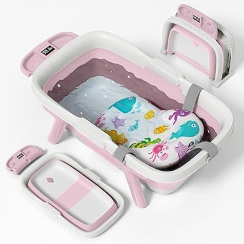 Collapsible Baby Bathtub, Laege Infant Bath Tub with Thermometer & Cute Soft Cushion for Newborn to 36-Month Toddlers, Storage and Non-Slip Feet Design, Baby Bath Gift (Pink)