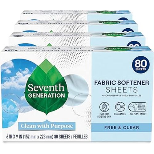 Seventh Generation Dryer Sheets Fabric Softener Free & Clear Fragrance Free 80 Sheets (Pack of 4)